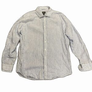 Neiman Marcus White Blue Stripe 100% Linen Classic Button Front Shirt Size XL